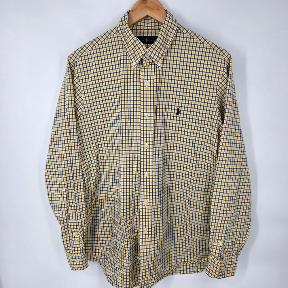 Ralph Lauren Gingham Button Down Shirt Mens Large Yellow Navy Blue Cotton Pony - Picture 2 of 7